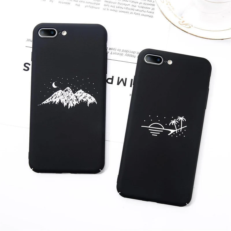 USLION Phone Case For iPhone X Matte Full Cover For iPhone 7 8 6 6s Plus Mountain Stars Moon Pattern Hard PC Back Cases Coque