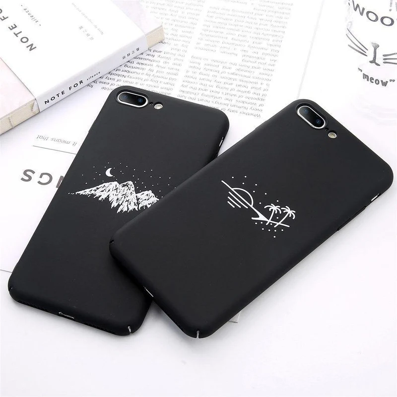 USLION Phone Case For iPhone X Matte Full Cover For iPhone 7 8 6 6s Plus Mountain Stars Moon Pattern Hard PC Back Cases Coque