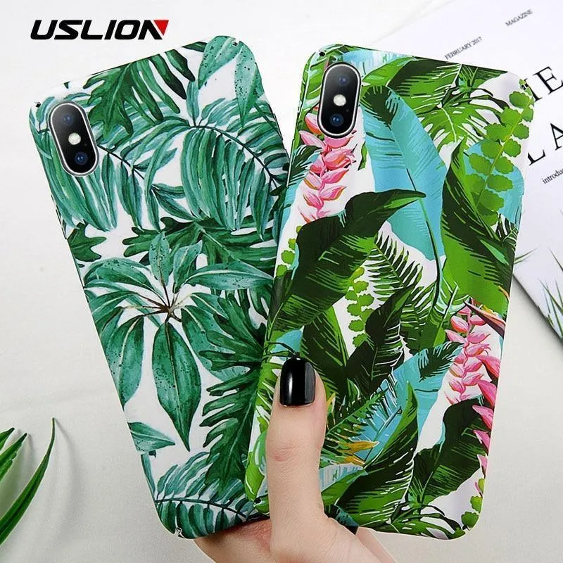 USLION Case For iPhone XR XS Max X 8 7 Plus Flower Leaves Phone Cases for iPhone 7 6 6s Plus 5 5s SE Hard PC Full Back Cover