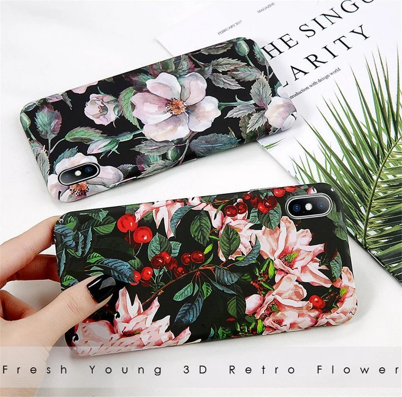 USLION Case For iPhone XR XS Max X 8 7 Plus Flower Leaves Phone Cases for iPhone 7 6 6s Plus 5 5s SE Hard PC Full Back Cover
