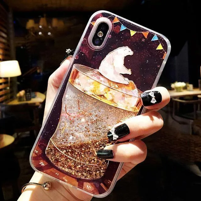 USLION Flowing Quicksand Case For iPhone 7 Plus XR XS Max X 8 7 6 6s Plus Cute Bear Dolphin Bling Powder Phone Cases Clear Cover
