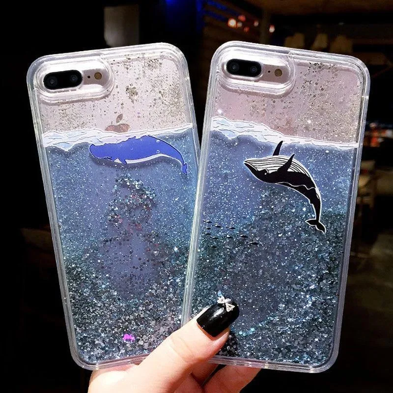 USLION Flowing Quicksand Case For iPhone 7 Plus XR XS Max X 8 7 6 6s Plus Cute Bear Dolphin Bling Powder Phone Cases Clear Cover