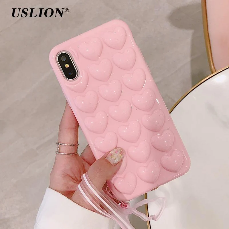 USLION 3D Love Heart Phone Case For iPhone X XS Max XR Cartoon Cases For iPhone 7 8 6 6S Plus Soft TPU Back Cover With Lanyard