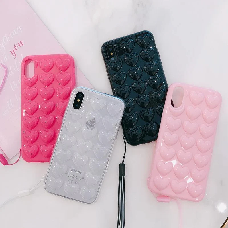 USLION 3D Love Heart Phone Case For iPhone X XS Max XR Cartoon Cases For iPhone 7 8 6 6S Plus Soft TPU Back Cover With Lanyard