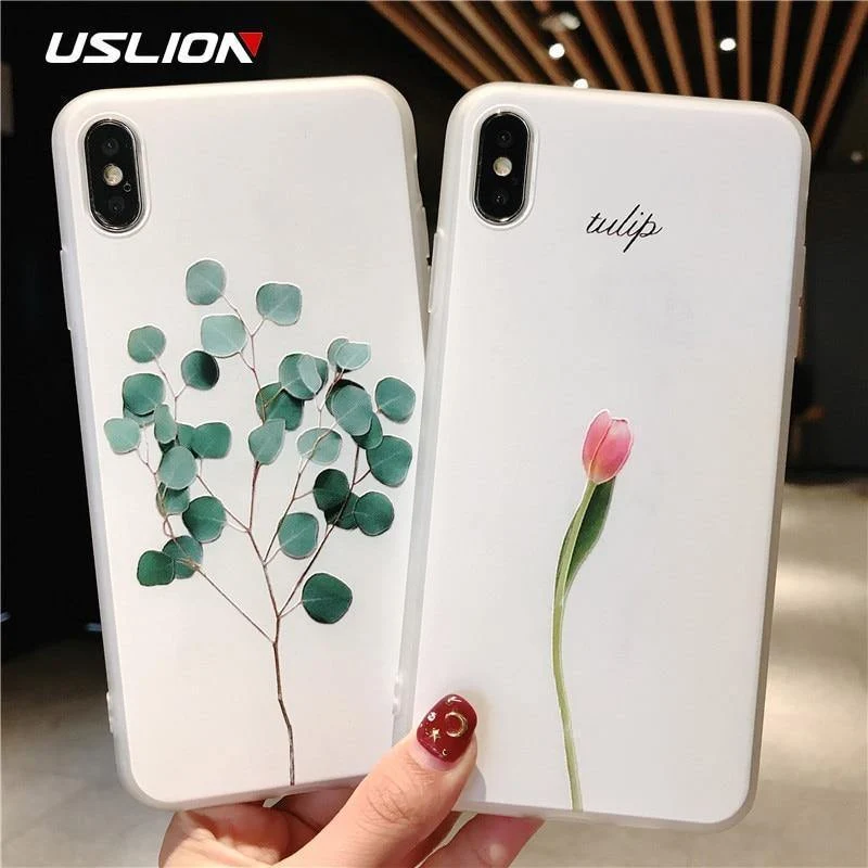 USLION Green Leaves Case For iPhone Xs XR XS Max X 3D Relief Flower Leaf Phone Cover For iPhone 6 6s 7 8 Plus TPU Silicon Cases
