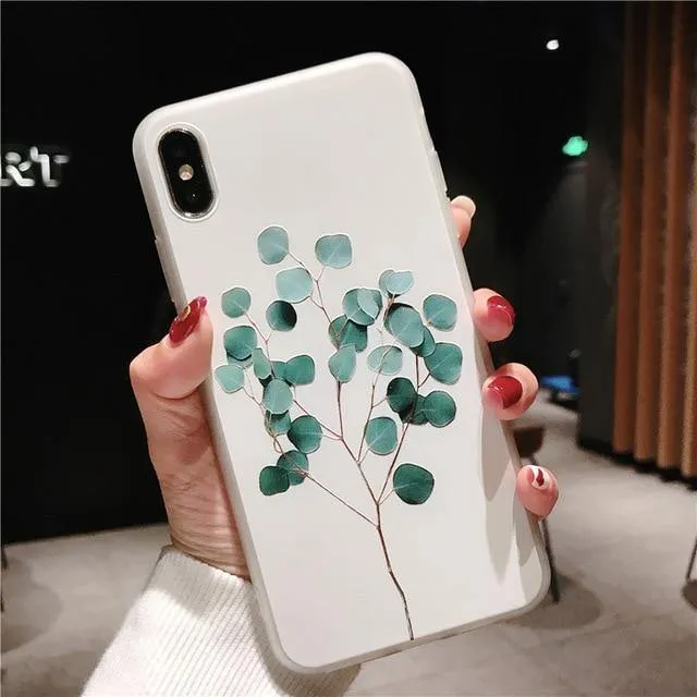 USLION Green Leaves Case For iPhone Xs XR XS Max X 3D Relief Flower Leaf Phone Cover For iPhone 6 6s 7 8 Plus TPU Silicon Cases