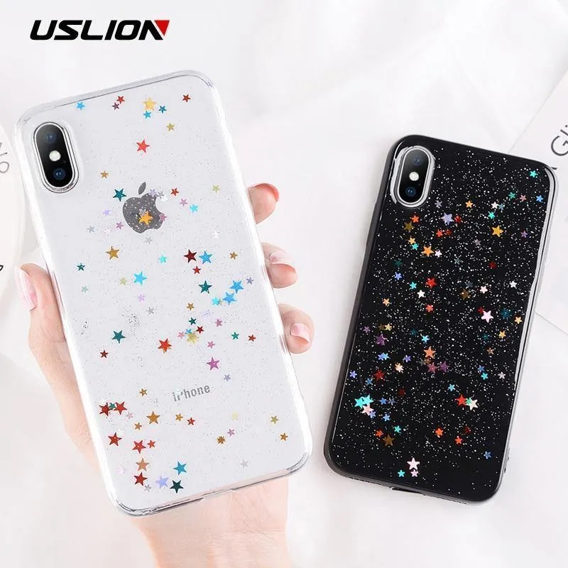 USLION Bling Powder Phone Case For iPhone X Glitter Stras TPU Silicone Back Cover For iPhone 7 8 6 6S Plus Clear Shell Cases