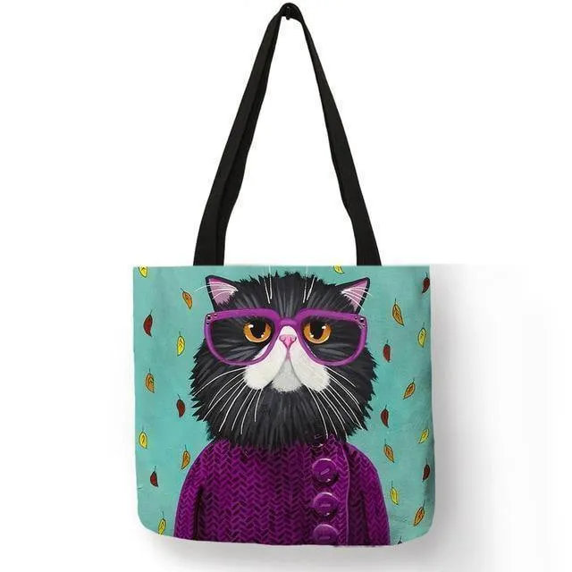 Kitty Cat Einkaufstasche für Damen, faltbar, wiederverwendbar, Leinen-Einkaufstasche mit Aufdruck, für Reisen, Schultaschen, Handtasche