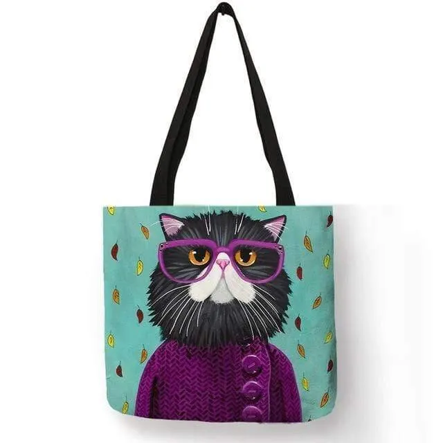 Kitty Cat Einkaufstasche für Damen, faltbar, wiederverwendbar, Leinen-Einkaufstasche mit Aufdruck, für Reisen, Schultaschen, Handtasche