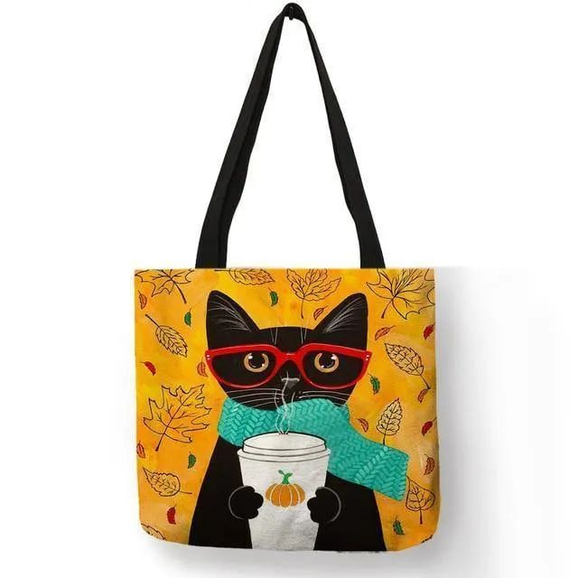 Kitty Cat Einkaufstasche für Damen, faltbar, wiederverwendbar, Leinen-Einkaufstasche mit Aufdruck, für Reisen, Schultaschen, Handtasche