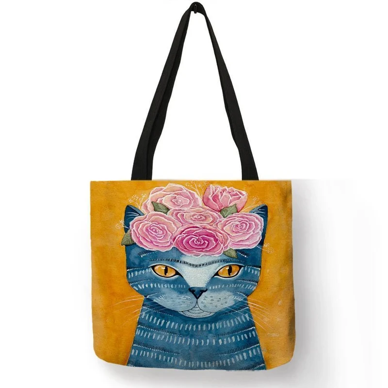 Kitty Cat Einkaufstasche für Damen, faltbar, wiederverwendbar, Leinen-Einkaufstasche mit Aufdruck, für Reisen, Schultaschen, Handtasche