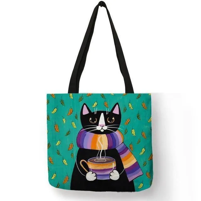 Kitty Cat Einkaufstasche für Damen, faltbar, wiederverwendbar, Leinen-Einkaufstasche mit Aufdruck, für Reisen, Schultaschen, Handtasche