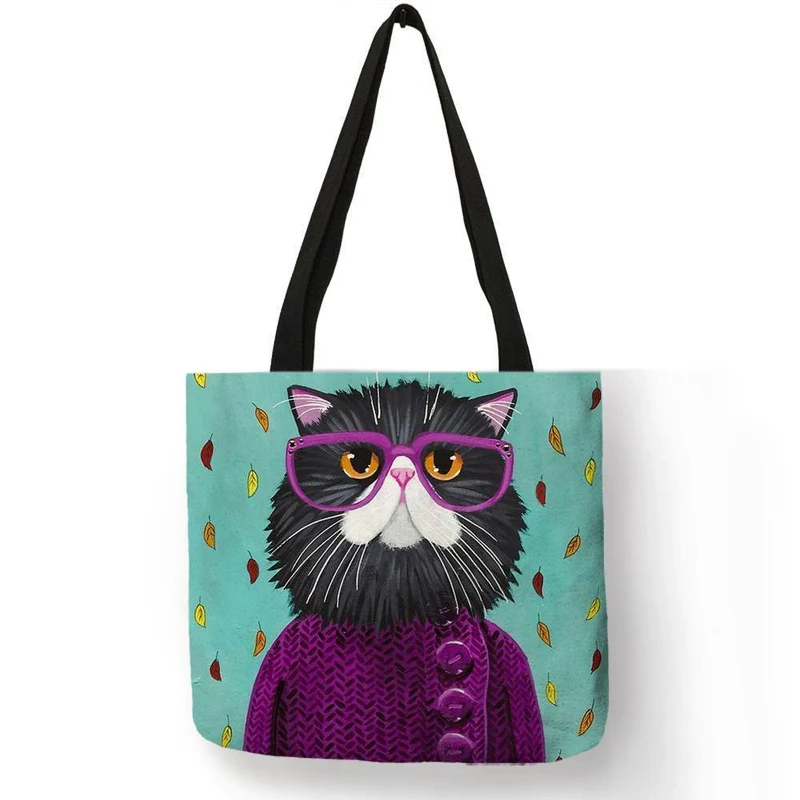 Kitty Cat Einkaufstasche für Damen, faltbar, wiederverwendbar, Leinen-Einkaufstasche mit Aufdruck, für Reisen, Schultaschen, Handtasche