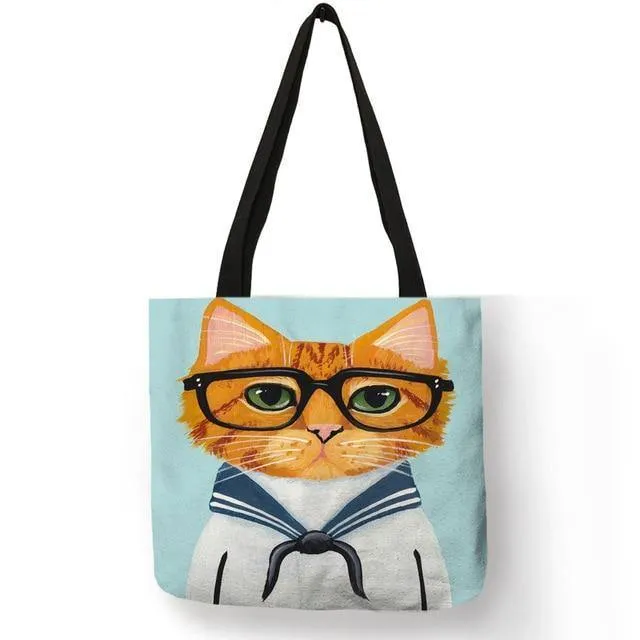 Kitty Cat Einkaufstasche für Damen, faltbar, wiederverwendbar, Leinen-Einkaufstasche mit Aufdruck, für Reisen, Schultaschen, Handtasche