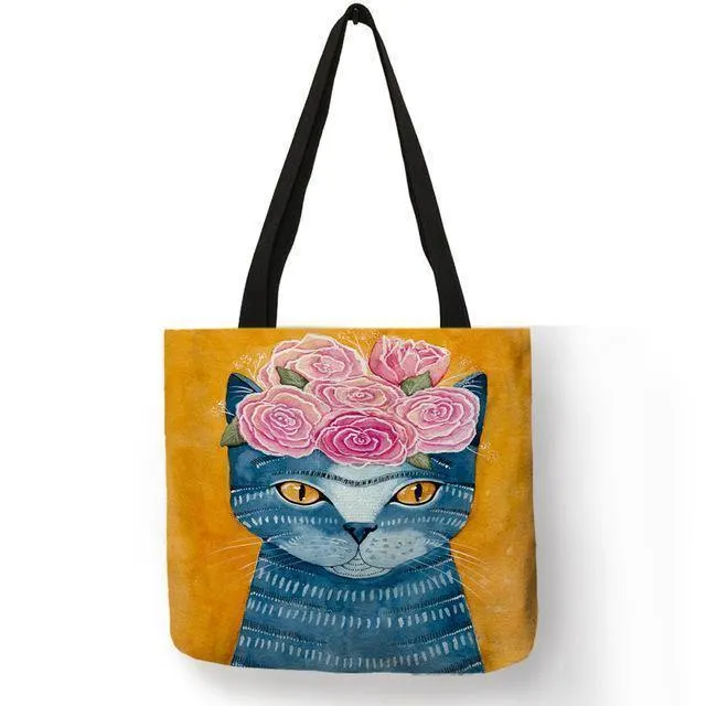 Kitty Cat Einkaufstasche für Damen, faltbar, wiederverwendbar, Leinen-Einkaufstasche mit Aufdruck, für Reisen, Schultaschen, Handtasche