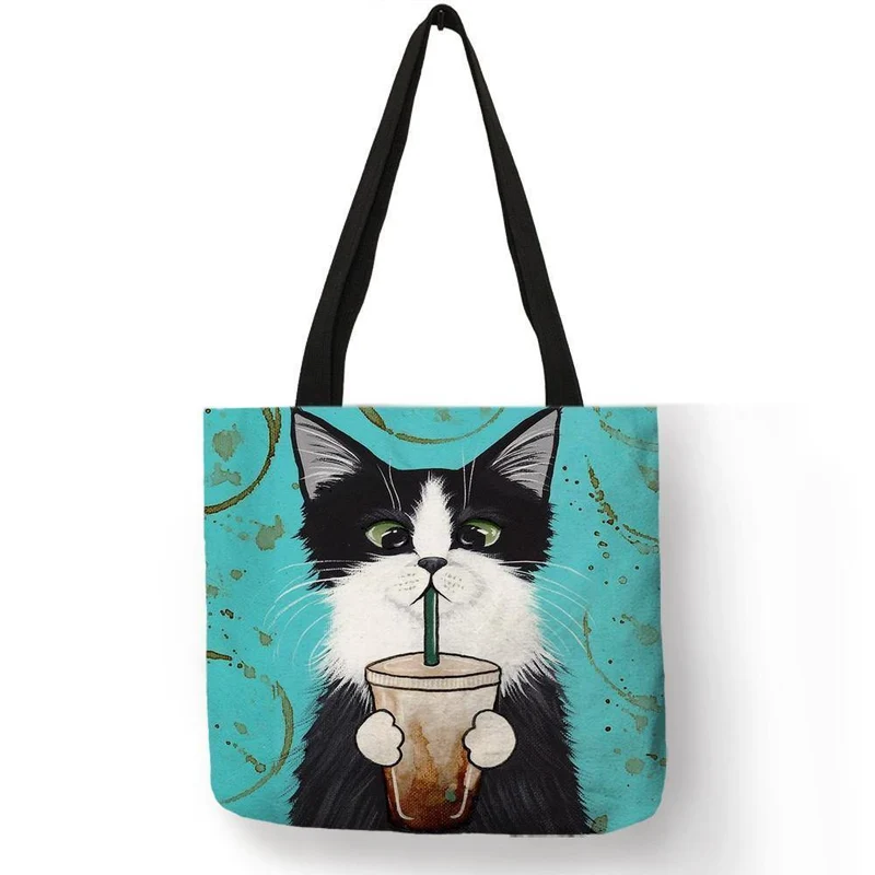 Kitty Cat Einkaufstasche für Damen, faltbar, wiederverwendbar, Leinen-Einkaufstasche mit Aufdruck, für Reisen, Schultaschen, Handtasche