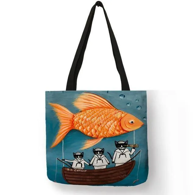 Kitty Cat Einkaufstasche für Damen, faltbar, wiederverwendbar, Leinen-Einkaufstasche mit Aufdruck, für Reisen, Schultaschen, Handtasche