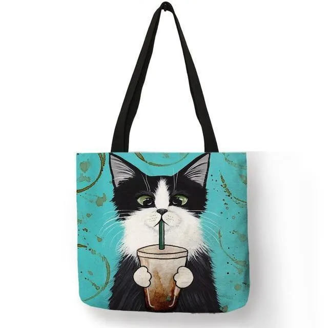 Kitty Cat Einkaufstasche für Damen, faltbar, wiederverwendbar, Leinen-Einkaufstasche mit Aufdruck, für Reisen, Schultaschen, Handtasche