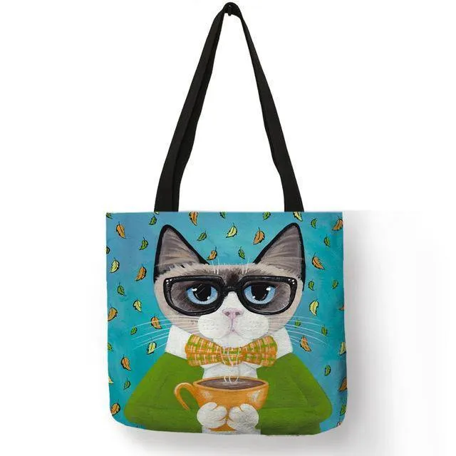 Kitty Cat Einkaufstasche für Damen, faltbar, wiederverwendbar, Leinen-Einkaufstasche mit Aufdruck, für Reisen, Schultaschen, Handtasche