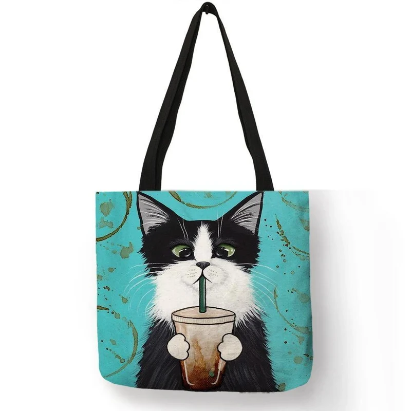 Kitty Cat Einkaufstasche für Damen, faltbar, wiederverwendbar, Leinen-Einkaufstasche mit Aufdruck, für Reisen, Schultaschen, Handtasche