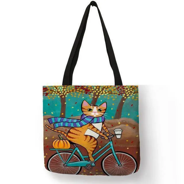 Kitty Cat Einkaufstasche für Damen, faltbar, wiederverwendbar, Leinen-Einkaufstasche mit Aufdruck, für Reisen, Schultaschen, Handtasche