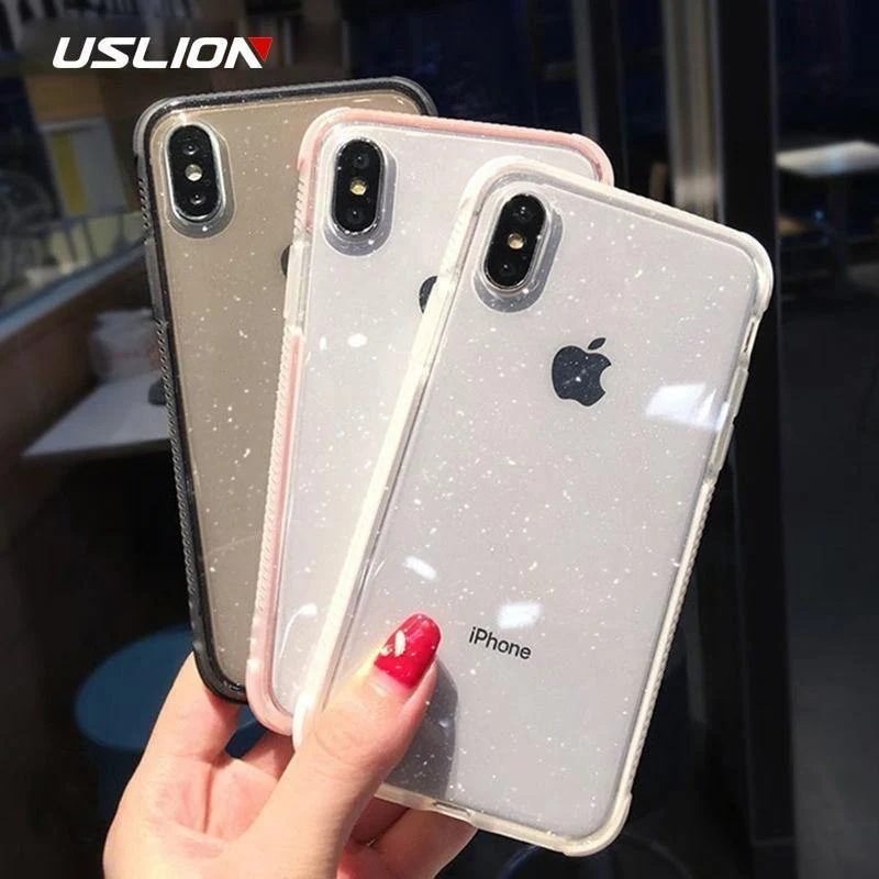 USLION Glitter Powder Phone Case For iPhone XS Max XS X Shockproof Transparent Soft TPU Bling Cover for iPhone 7 6 S 8 Plus Case