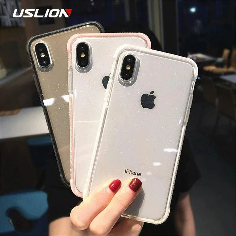 USLION Glitter Powder Phone Case For iPhone XS Max XS X Shockproof Transparent Soft TPU Bling Cover for iPhone 7 6 S 8 Plus Case
