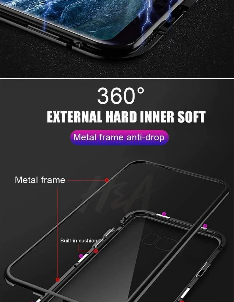 H&A 360 Grad magnetische Adsorptions-Telefonhülle für Samsung Galaxy S9 S8 Plus S7 Edge, gehärtetes Glas, Magnetrückseite, Note 9 8 Hülle