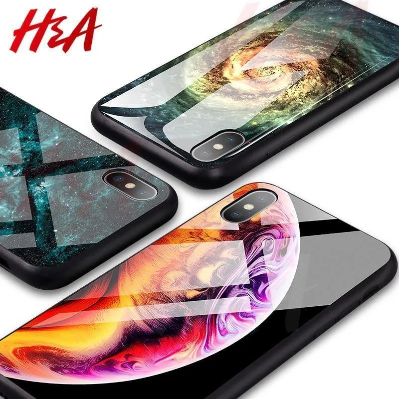 H & A Luxus-Telefonhülle aus gehärtetem Glas für iPhone 7 8 6 6s Plus Silikon-Abdeckung mit Sternenraum-Muster für iPhone X XR XS XSMax Hülle