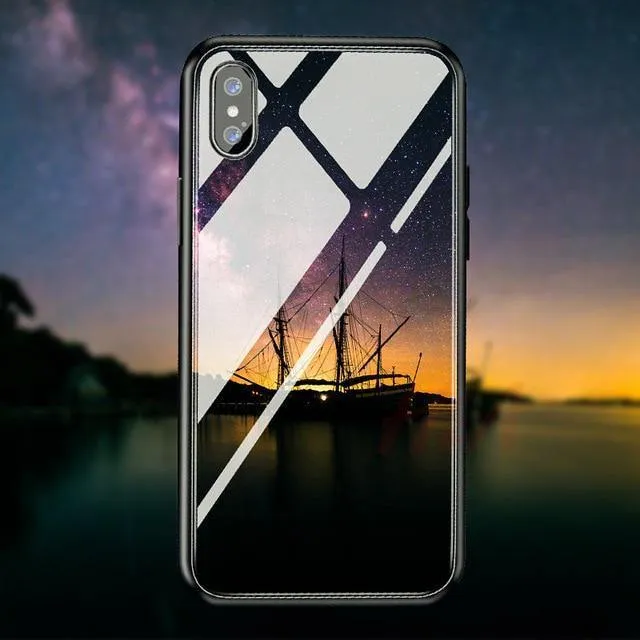 H & A Luxus-Telefonhülle aus gehärtetem Glas für iPhone 7 8 6 6s Plus Silikon-Abdeckung mit Sternenraum-Muster für iPhone X XR XS XSMax Hülle