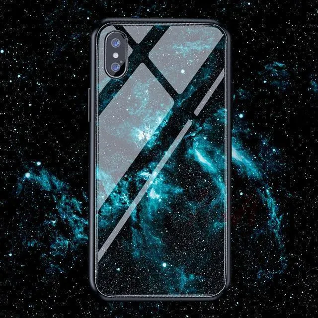 H & A Luxus-Telefonhülle aus gehärtetem Glas für iPhone 7 8 6 6s Plus Silikon-Abdeckung mit Sternenraum-Muster für iPhone X XR XS XSMax Hülle