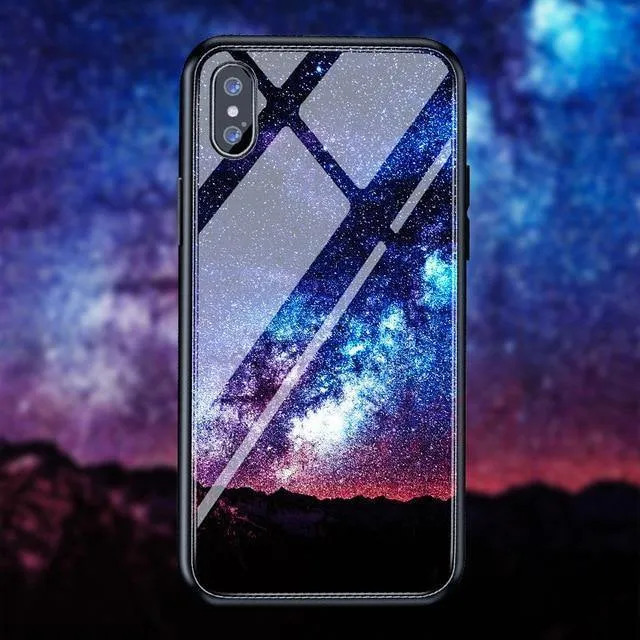 H & A Luxus-Telefonhülle aus gehärtetem Glas für iPhone 7 8 6 6s Plus Silikon-Abdeckung mit Sternenraum-Muster für iPhone X XR XS XSMax Hülle