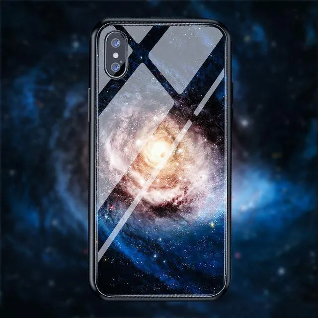 H & A Luxus-Telefonhülle aus gehärtetem Glas für iPhone 7 8 6 6s Plus Silikon-Abdeckung mit Sternenraum-Muster für iPhone X XR XS XSMax Hülle