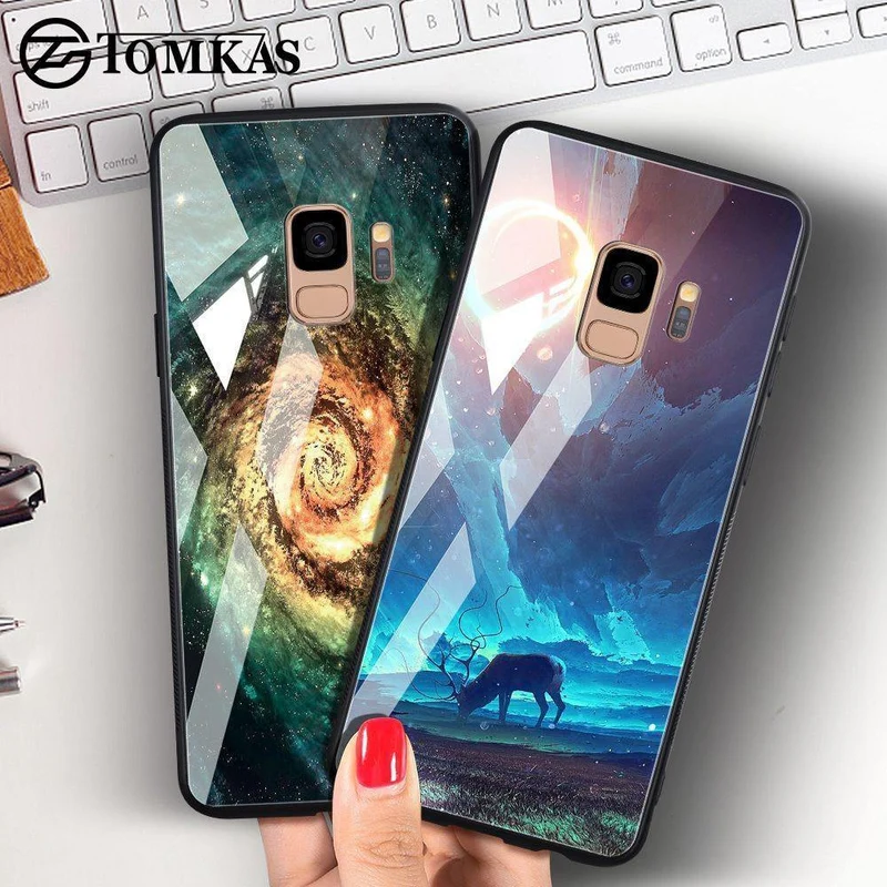 TOMKAS Gehärtetes Glasgehäuse für Samsung Galaxy S9 S9 Plus Silikon Coque Gemusterte Telefonabdeckungsfälle für Samsung Galaxy Note 9 8
