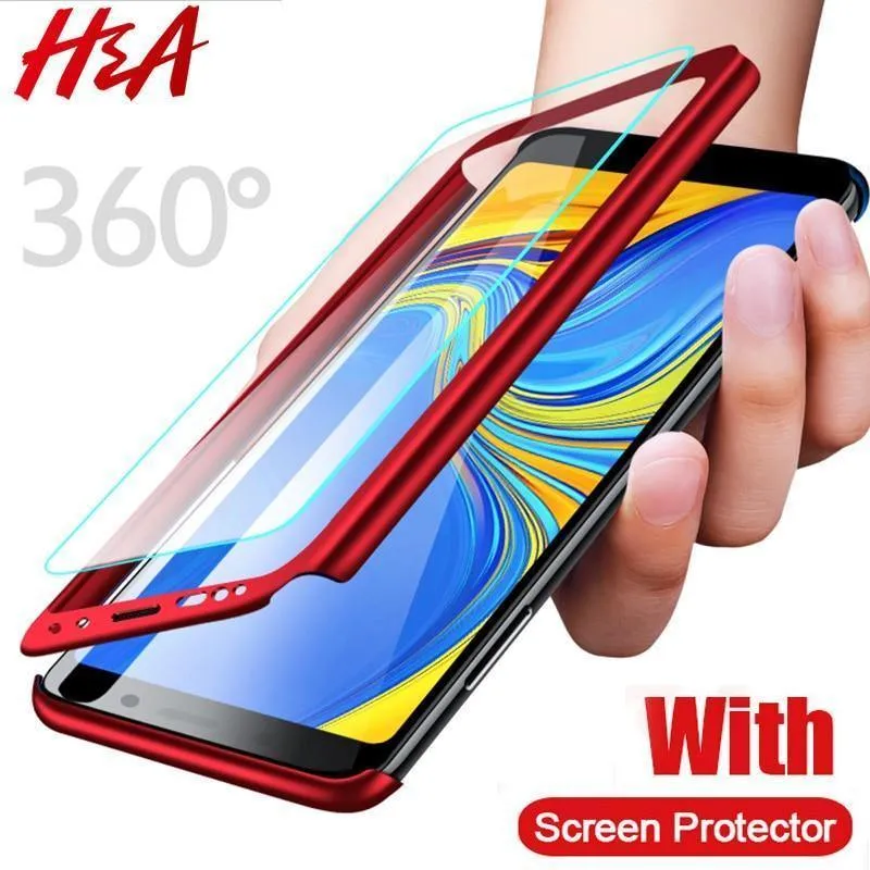 H&A 360 Vollschutzhülle für Samsung Galaxy J4 J6 Plus J8 2018 PC stoßfeste Abdeckung für Samsung A7 A7 A8 Plus 2018 Hülle Glas