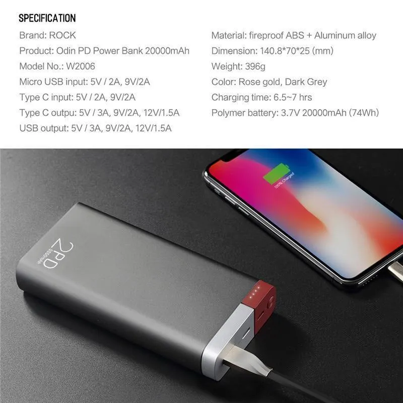 ROCK Power Bank 20000 mAh PD QC3.0 2.0 Schnelllade-Powerbank Tragbares externes Akkuladegerät für iPhone X Samsung Xiaomi