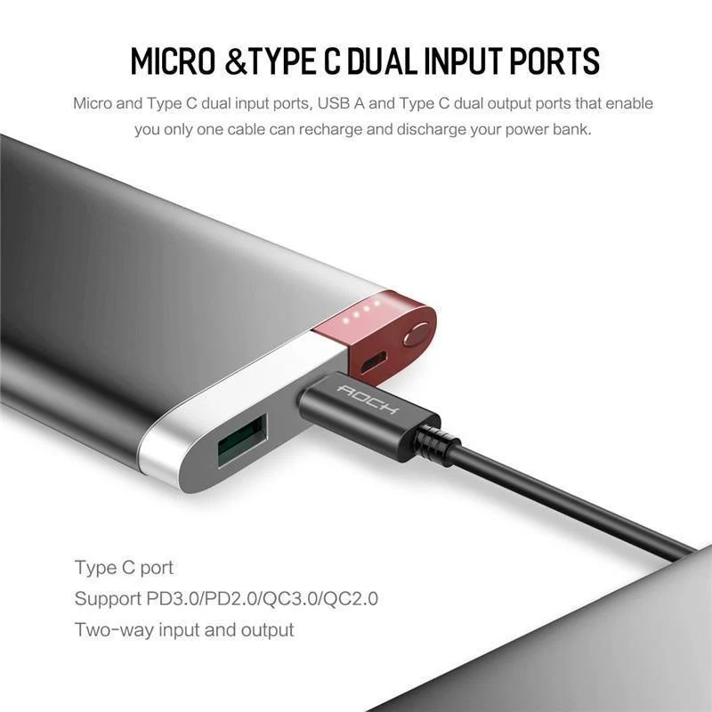 ROCK Power Bank 20000 mAh PD QC3.0 2.0 Schnelllade-Powerbank Tragbares externes Akkuladegerät für iPhone X Samsung Xiaomi