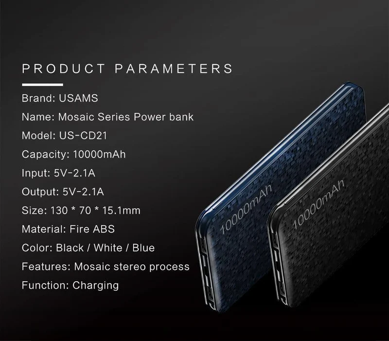USAMS Power Bank 15 mm Ultra Slim 10000 mAh Powerbank Mobiltelefon 2.1 A Ausgang 10000 mAh Universal-Telefon Externer Akku