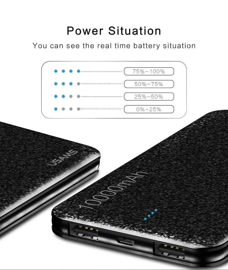 USAMS Power Bank 15 mm Ultra Slim 10000 mAh Powerbank Mobiltelefon 2.1 A Ausgang 10000 mAh Universal-Telefon Externer Akku