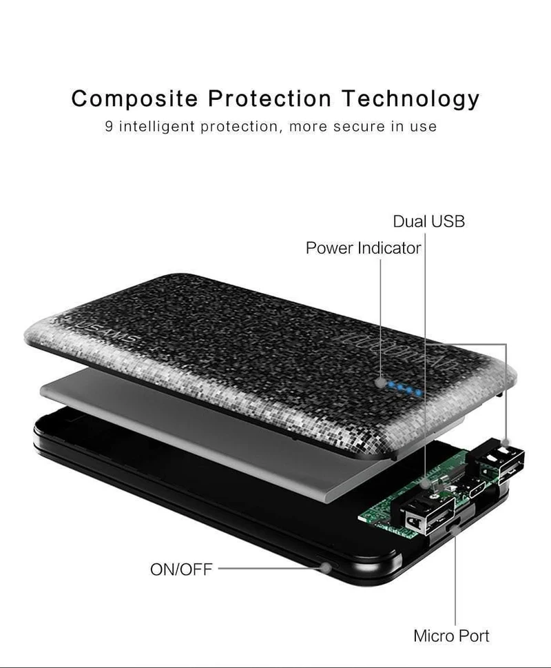 USAMS Power Bank 15 mm Ultra Slim 10000 mAh Powerbank Mobiltelefon 2.1 A Ausgang 10000 mAh Universal-Telefon Externer Akku