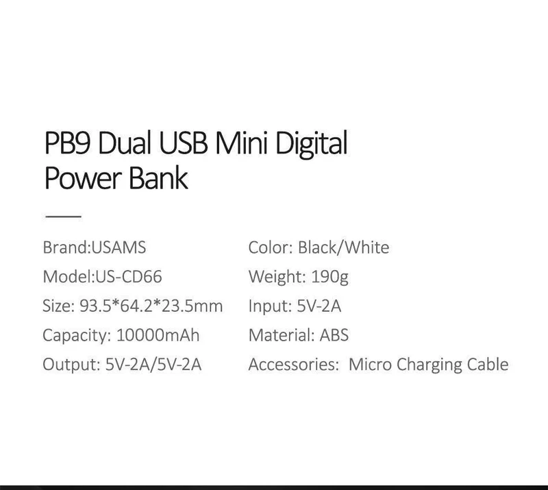 Power Bank für xiaomi mi iPhone, USAMS Mini Pover Bank 10000mAh LED-Anzeige Powerbank Externer Akku Poverbank Schnellladung