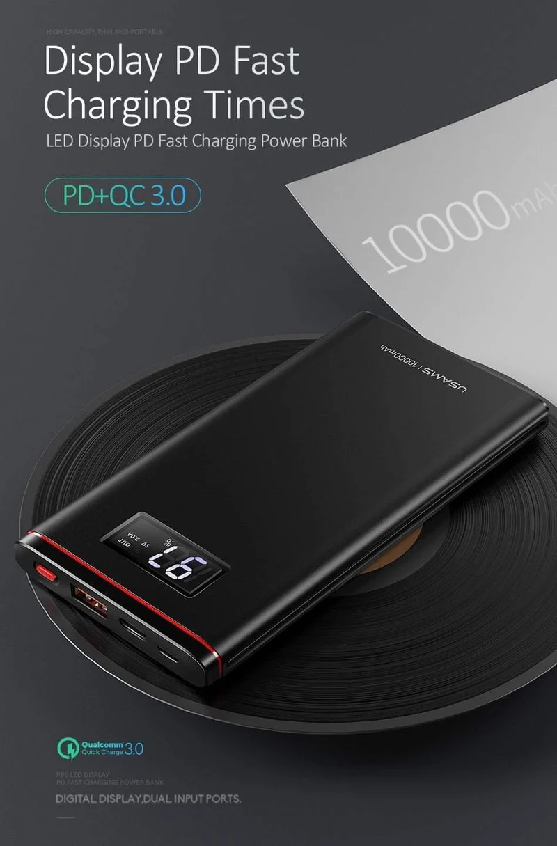 Schnellladegerät Power Bank PD QC 3.0 18 W digitales LED-Display 10000 mAh Powerbank USAMS 9 V/2 A 5 V/3 A externer Akku USB C Poverbank