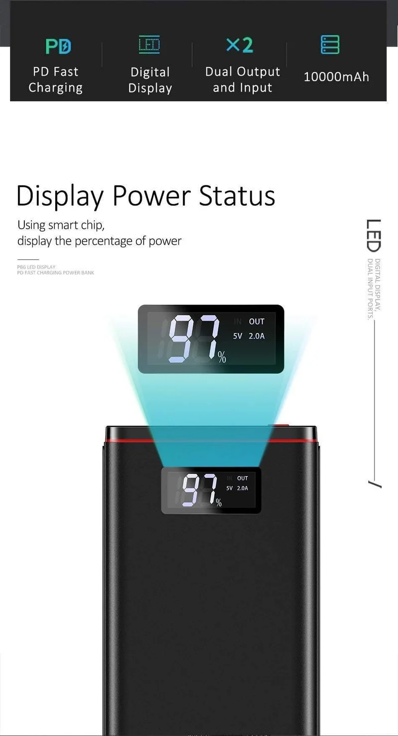 Schnellladegerät Power Bank PD QC 3.0 18 W digitales LED-Display 10000 mAh Powerbank USAMS 9 V/2 A 5 V/3 A externer Akku USB C Poverbank
