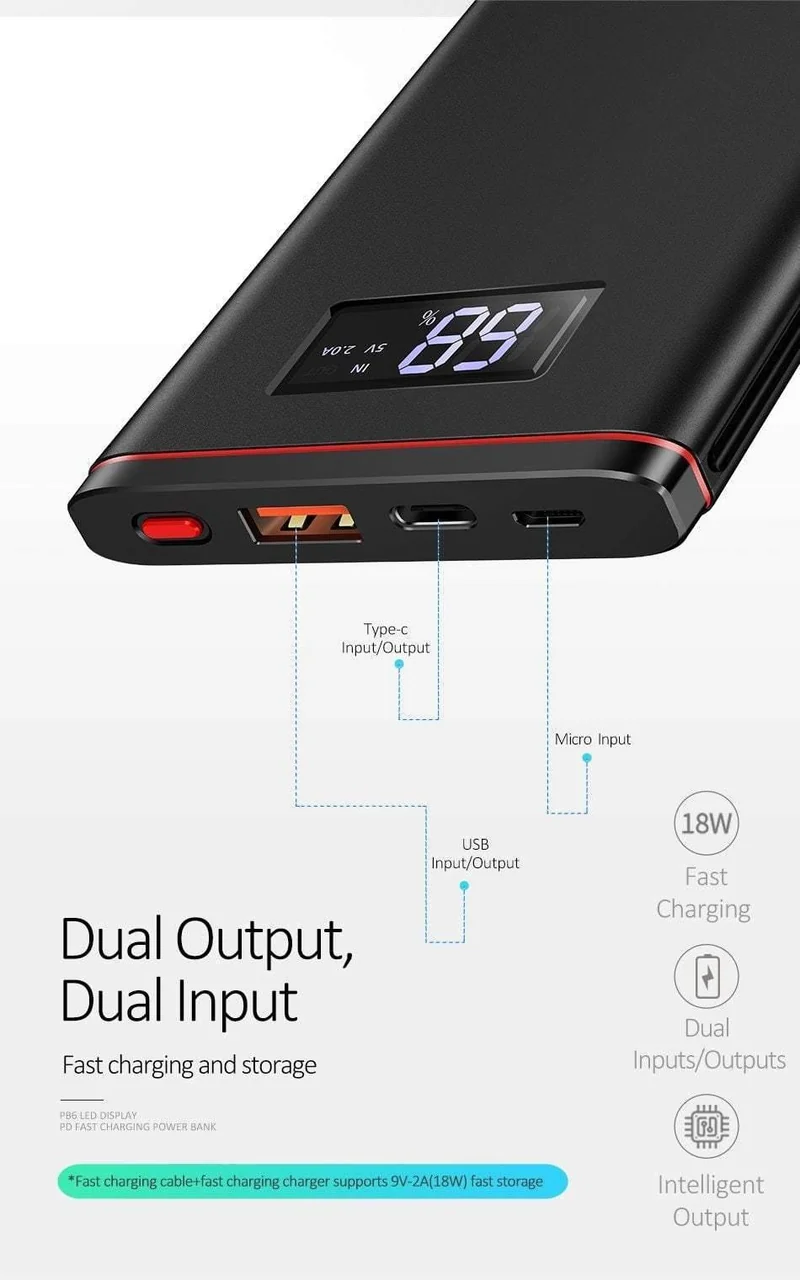 Schnellladegerät Power Bank PD QC 3.0 18 W digitales LED-Display 10000 mAh Powerbank USAMS 9 V/2 A 5 V/3 A externer Akku USB C Poverbank