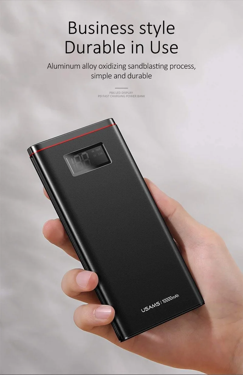 Schnellladegerät Power Bank PD QC 3.0 18 W digitales LED-Display 10000 mAh Powerbank USAMS 9 V/2 A 5 V/3 A externer Akku USB C Poverbank