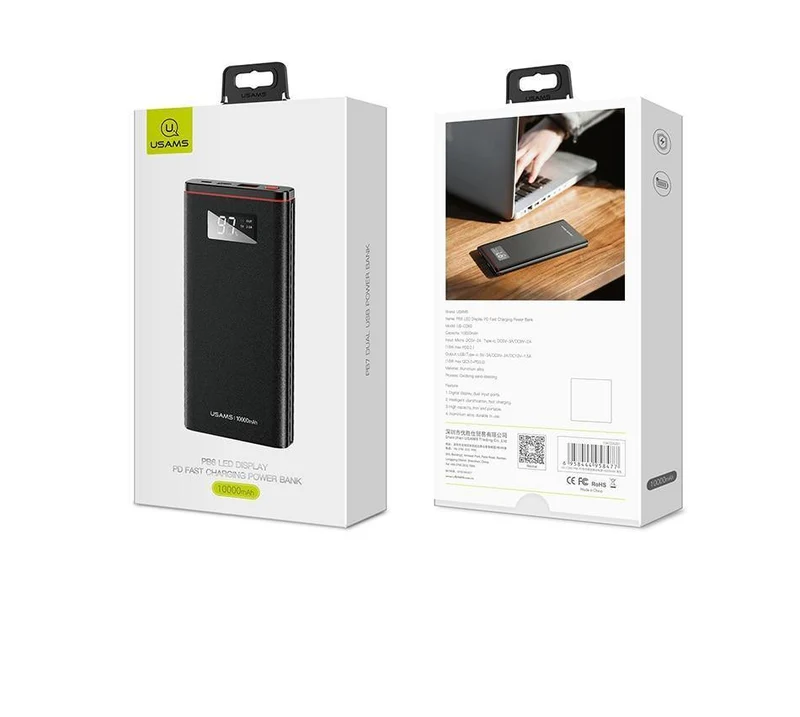 Schnellladegerät Power Bank PD QC 3.0 18 W digitales LED-Display 10000 mAh Powerbank USAMS 9 V/2 A 5 V/3 A externer Akku USB C Poverbank