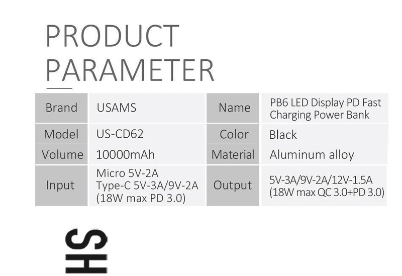 Schnellladegerät Power Bank PD QC 3.0 18 W digitales LED-Display 10000 mAh Powerbank USAMS 9 V/2 A 5 V/3 A externer Akku USB C Poverbank