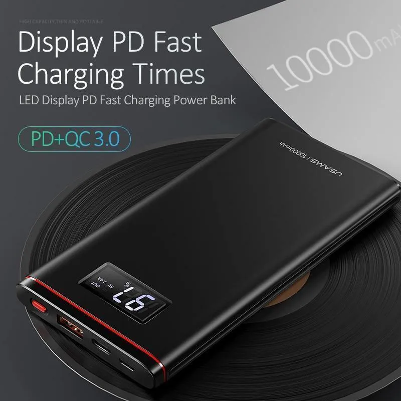 Schnellladegerät Power Bank PD QC 3.0 18 W digitales LED-Display 10000 mAh Powerbank USAMS 9 V/2 A 5 V/3 A externer Akku USB C Poverbank