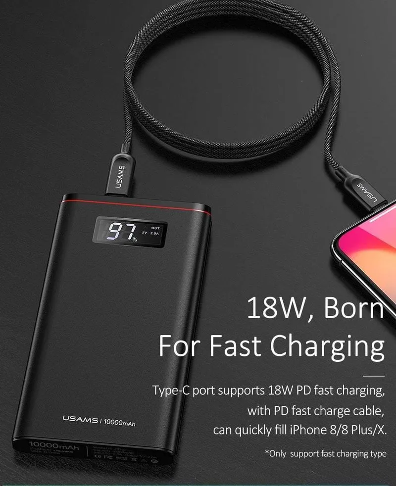 Schnellladegerät Power Bank PD QC 3.0 18 W digitales LED-Display 10000 mAh Powerbank USAMS 9 V/2 A 5 V/3 A externer Akku USB C Poverbank