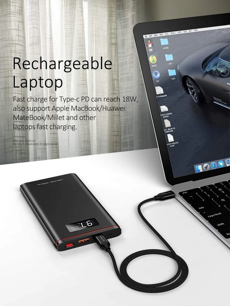 Schnellladegerät Power Bank PD QC 3.0 18 W digitales LED-Display 10000 mAh Powerbank USAMS 9 V/2 A 5 V/3 A externer Akku USB C Poverbank